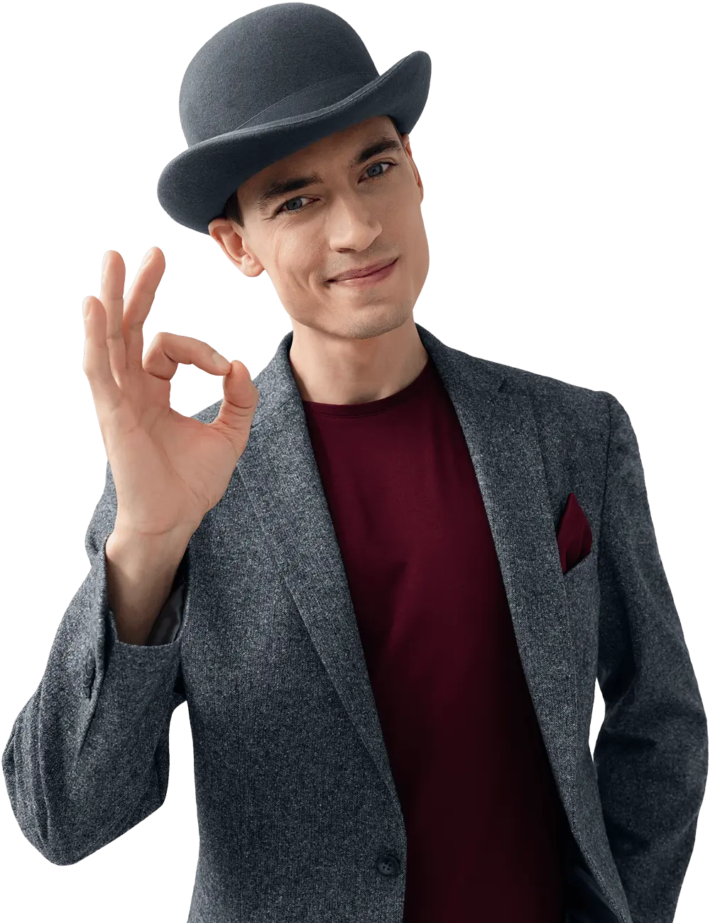 Pan w meloniku wskazujący palcem na wprost