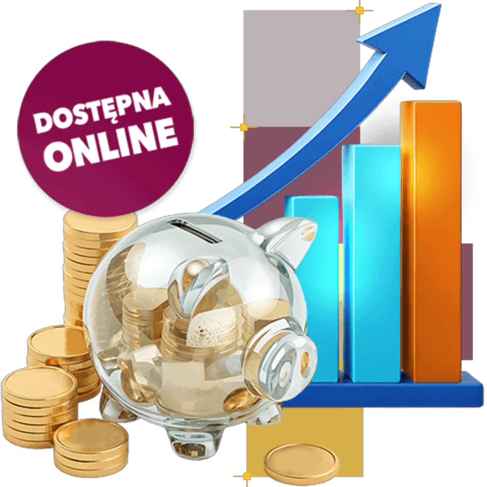 grafika przedstawiająca złote monety, świnkę skarbonkę i wykres