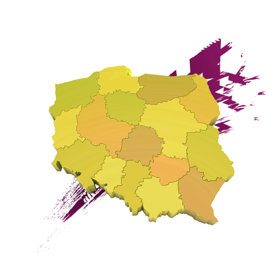 Mapa trójwymiarowa Polski z kolorystycznym oznaczeniem województw