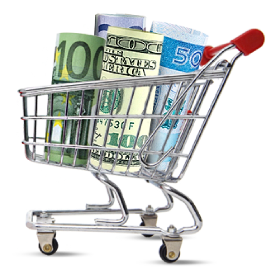 Kosz zakupowy z dużymi banknotami w środku