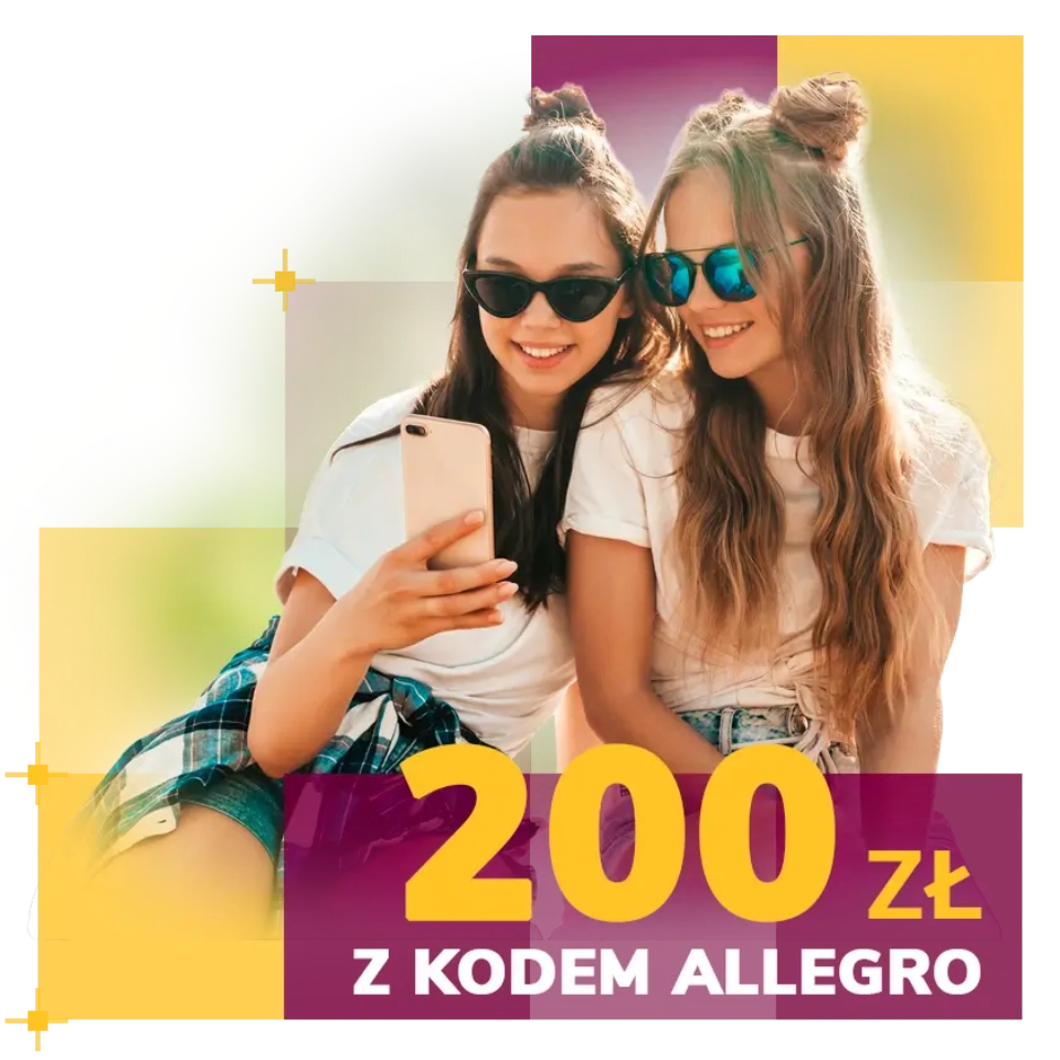 2 dziewczyny patrzące się na telefon oraz napis 200 zł z kodem ALLEGRO