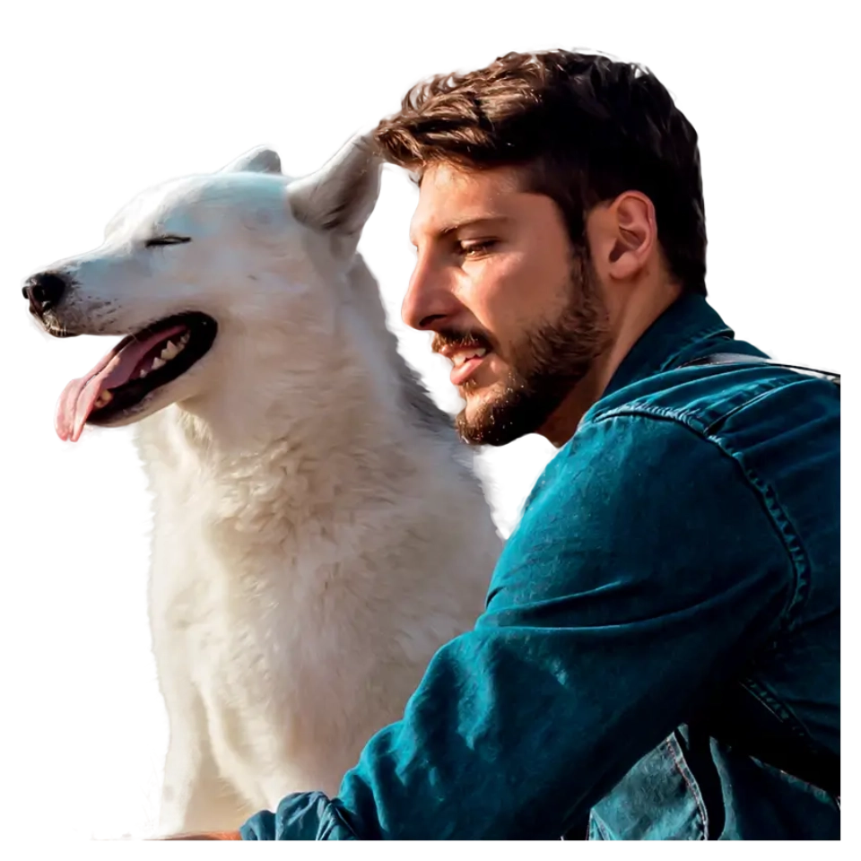 mężczyzna z psem i informacja "Do 1300 zł a obrączką płatniczą"