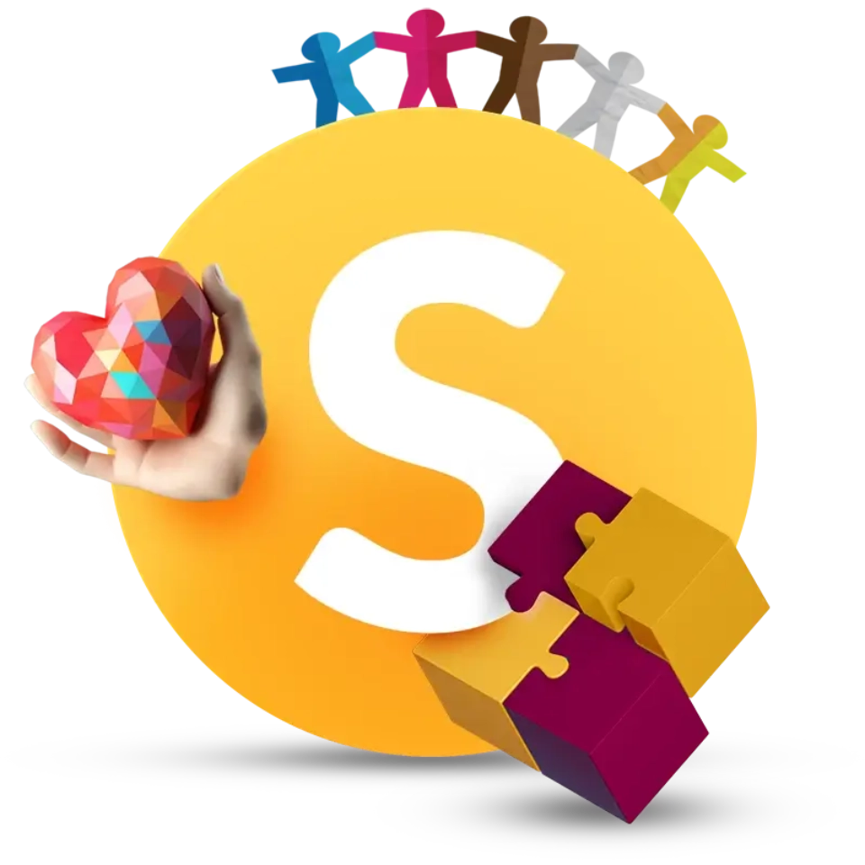 Litera S, dookoła: klocki, serce, kolorowe postacie