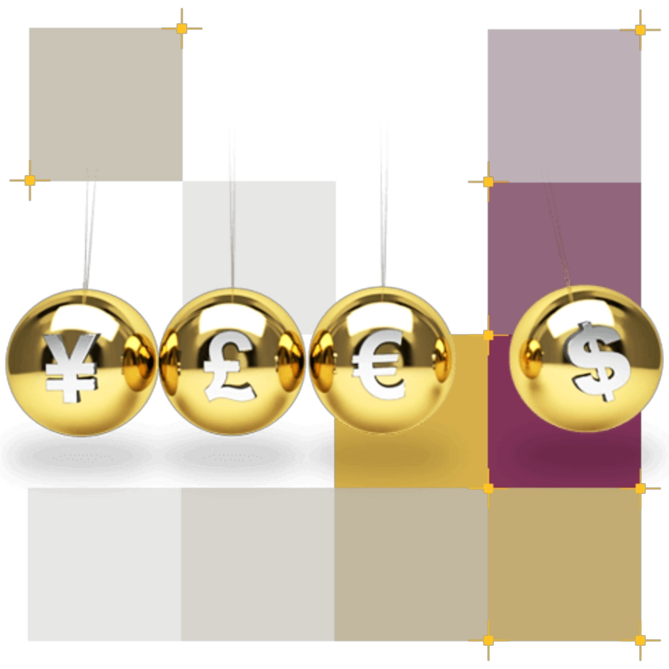 grafika przedstawiająca kołyskę newtona z kulkami na których opisane są waluty