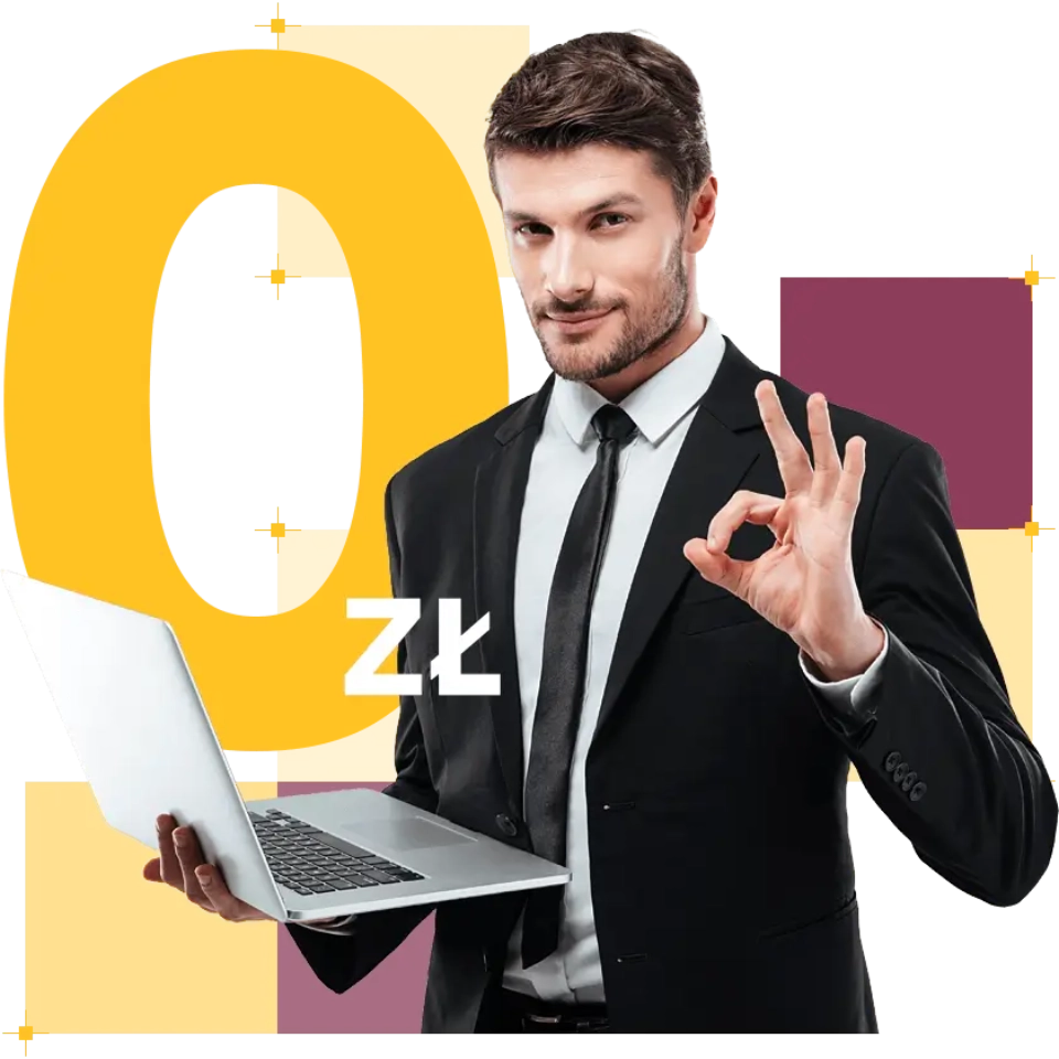 Napis 0 zł, mężczyzna w garniturze, trzymający laptopa, wykonujący gest OK
