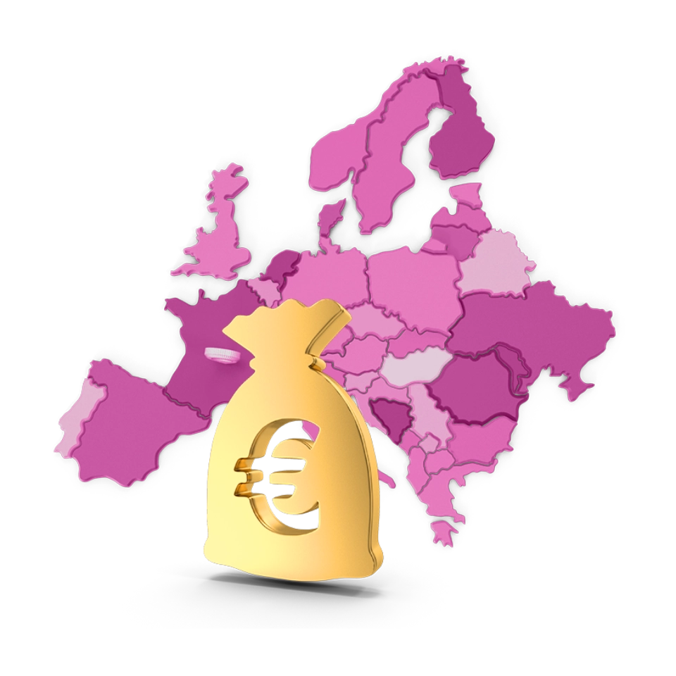 Unia Europejska oraz worek pieniędzy z symbolem Euro