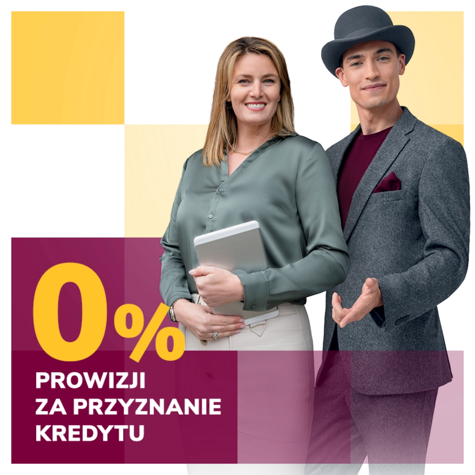 Melonikowiec, kobieta oraz napis 0 procent prowizji za przyznanie kredytu 