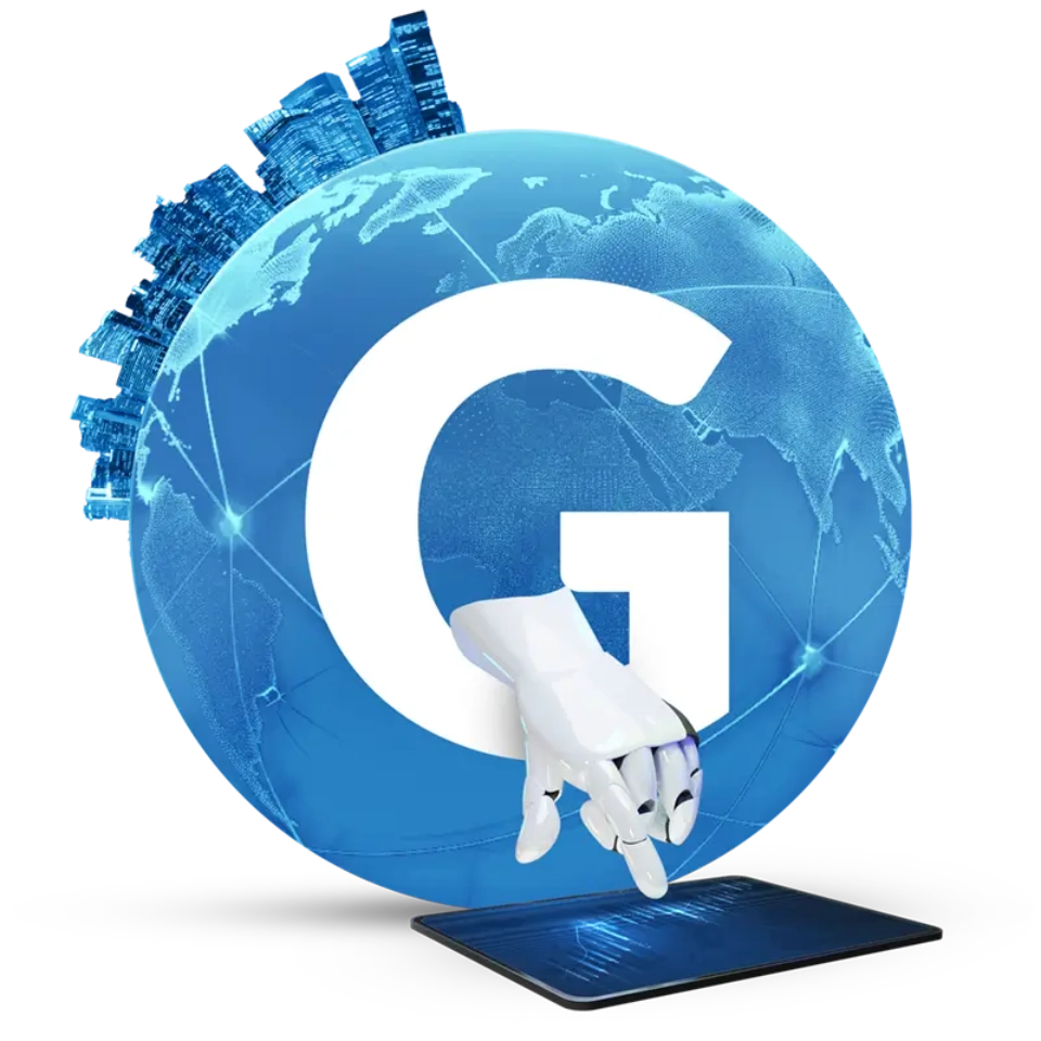 Litera G, dookoła: budynki, mechaniczna ręka korzystająca z tabletu