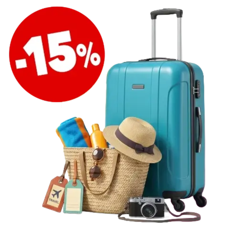 Niebieska walizka, torba z rzeczami podróżnymi oraz napis -15%
