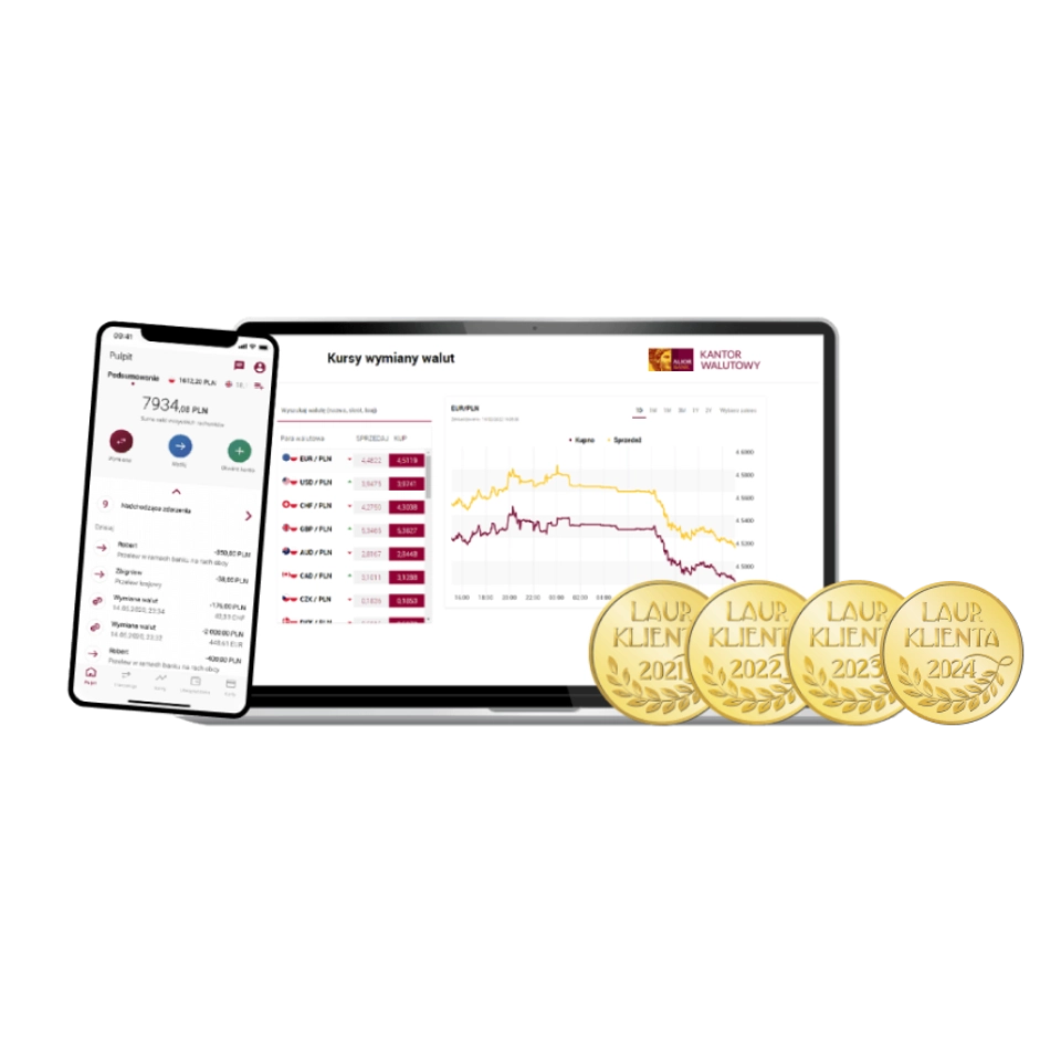smartfon i laptop ze screenami z systemu Kantoru Walutowego
