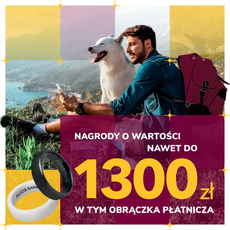mężczyzna z psem i napis Nagrody o wartości nawet do 1300zł, w tym obrączka płatnicza