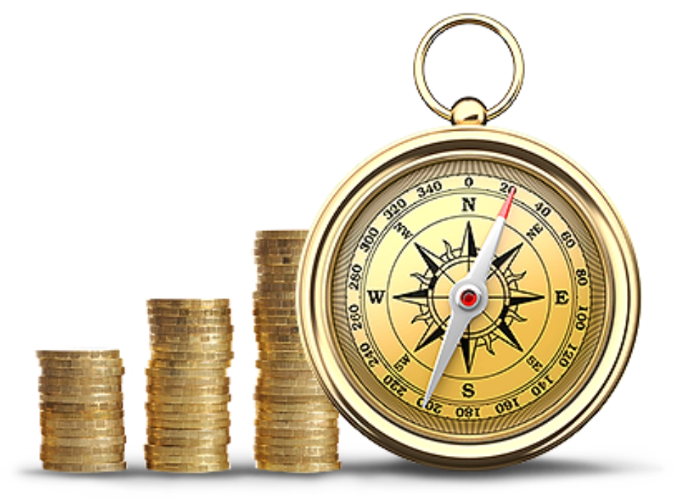 złote monety i kompas