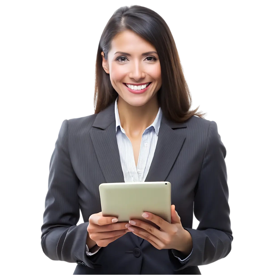 Kobieta w garniturze trzymająca tablet