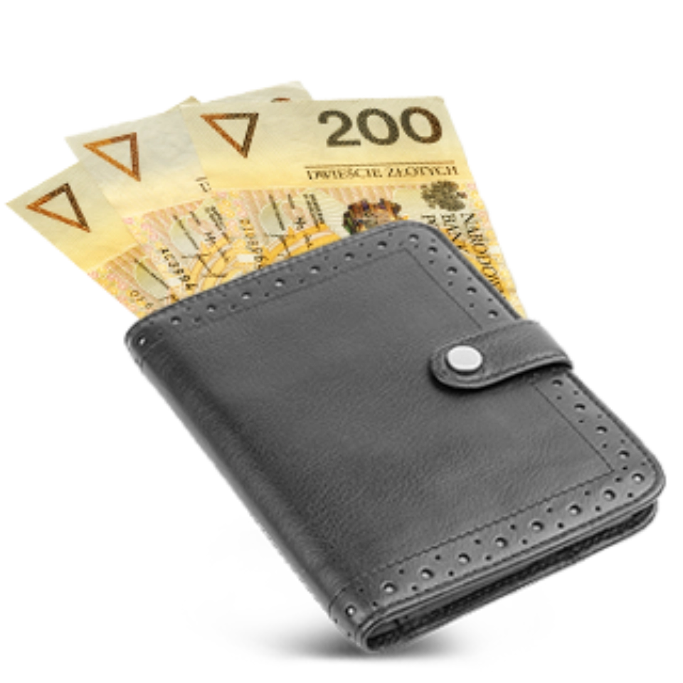 Portfel z wystającymi z niego banknotami 200zł
