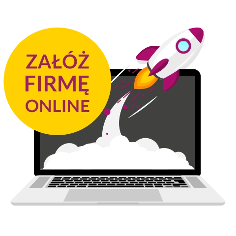 Laptop, z którego wylatuje rakieta, napis Załóż firmę online.