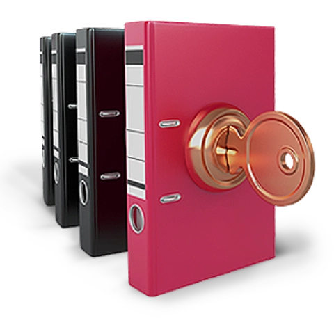 3 czarne segregatory, jeden różowy segregator, z którego wystaje zamek i klucz