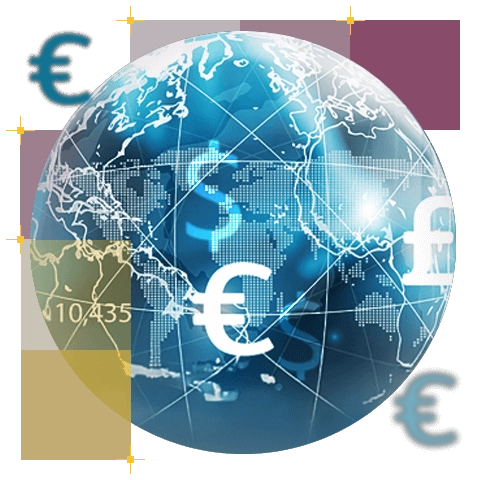 grafika przedstawiająca kule ziemską i nomenklatury walut na niej