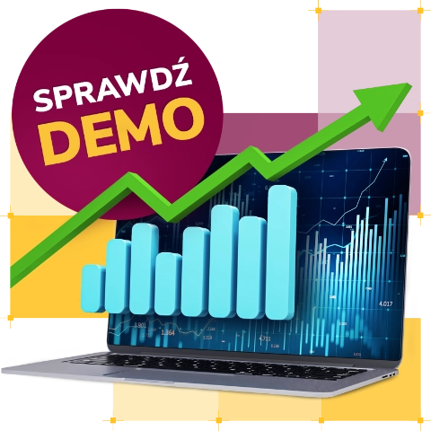 grafika przedstawiająca laptopa z wykresem i napis 'sprawdź demo'