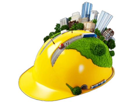 Kask, z którego wyrastają wieżowce i ulice