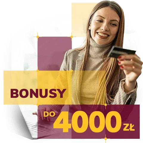 Napis Bonusy do 4000 zł. uśmiechnięta kobieta trzymająca kartę płatniczą