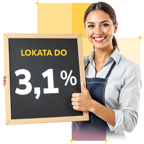 kobieta z tabliczką w ręku z napisem 'lokata do 3,1 procent'