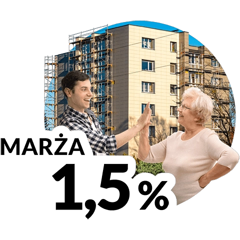 Młody mężczyzna przybijający piątkę z seniorką, w tle blok oraz napis marża 1,5%