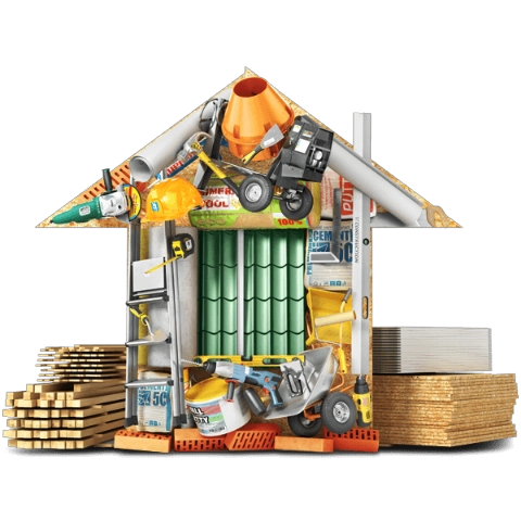 Maszyny budowalne ułożone, tak by symbolizować domek - kształt domu. 