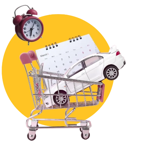 Koszyk, w którym znajduje się samochód i kalendarz, obok koszyka znajduje się zegarek