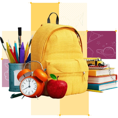 żółty plecak, sterta książek, artykułów papierniczych, zegarek, jabłko dookoła