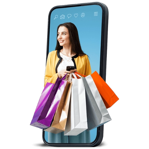 Kobieta wychodząca ze smartphone z torbami zakupowymi. 