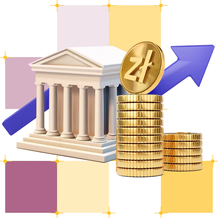 Budynek banku, obok dwa stosy złotych monet, za budynkiem niebieska strzałka idąca w górę