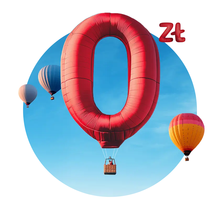 Balon powietrzny w kształcie 0 zł unoszący się wśród innych balonów