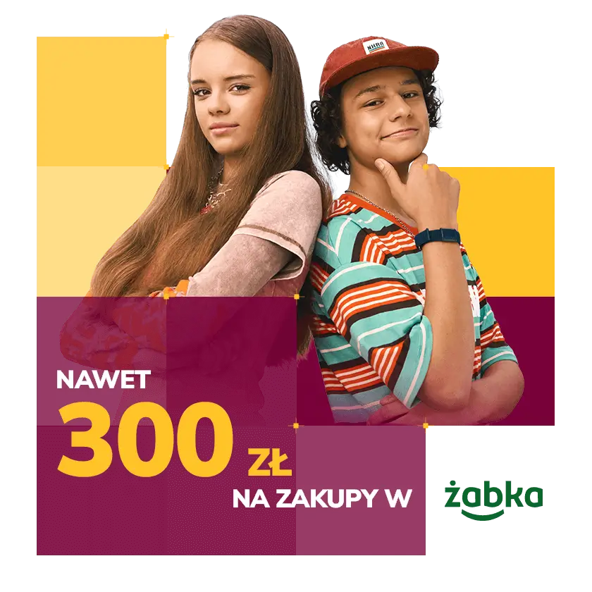 Dziewczyna i chłopak napis nawet 300 zł na zakupy w Żabka