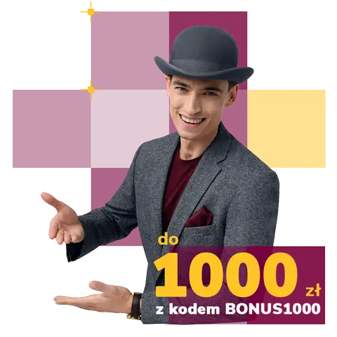 grafika przedstawiająca mężczyznę w meloniku i napis do 1000 zł z kodem BONUS1000