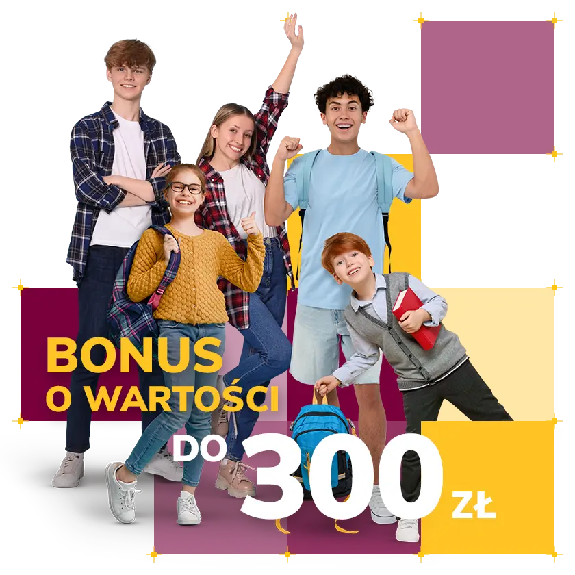 grafika przedstawiająca dzieci i napis bonus o wartości do 300 złotych