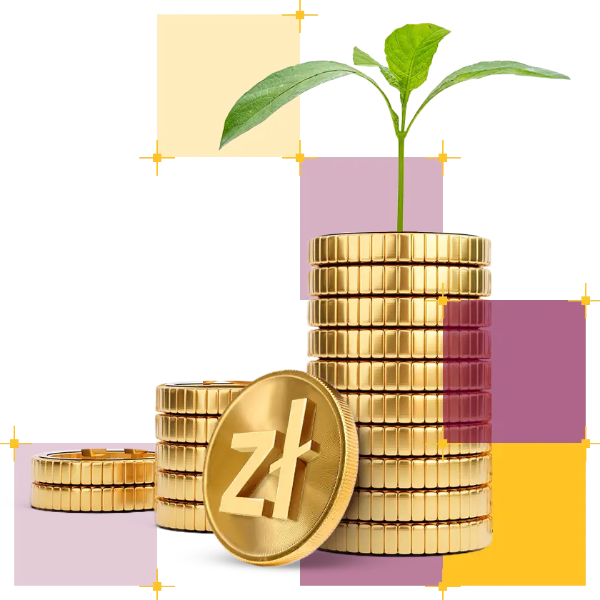 stosy złotych monet ułożne wzrostowo, z zieloną rośliną wyrastającą z największego stosu