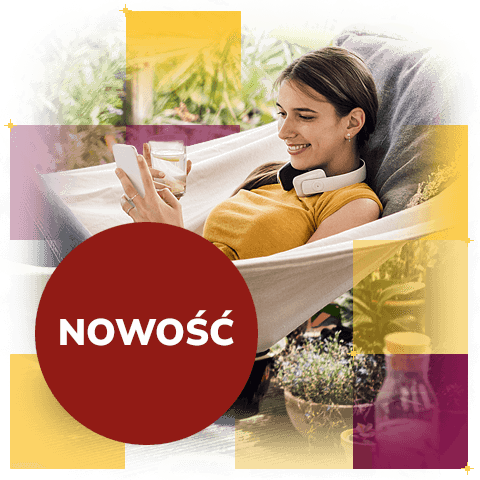 Kobieta leżąca na hamaku i obsługująca telefon oraz napis nowość