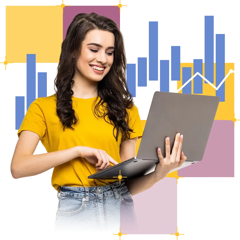 Kobieta w żółtej bluzce trzymająca laptopa, w tle wykres
