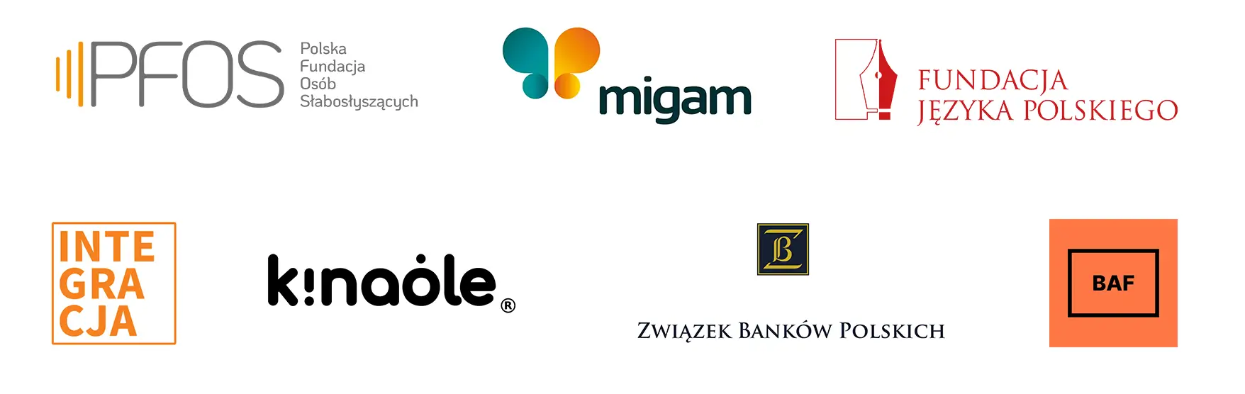 logotypy partnerów: Polska Fundacja Osób Słabosłyszących, Migam, Fundacja Języka Polskiego, Stowarzyszenie Przyjaciół Integracji, Kinaole, Związek Banków Polskich, Business Accessibility Forum