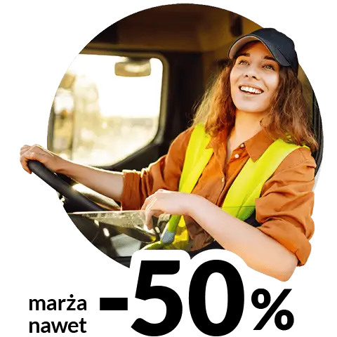Kobieta prowadząca ciężarówkę i napis marża -50%