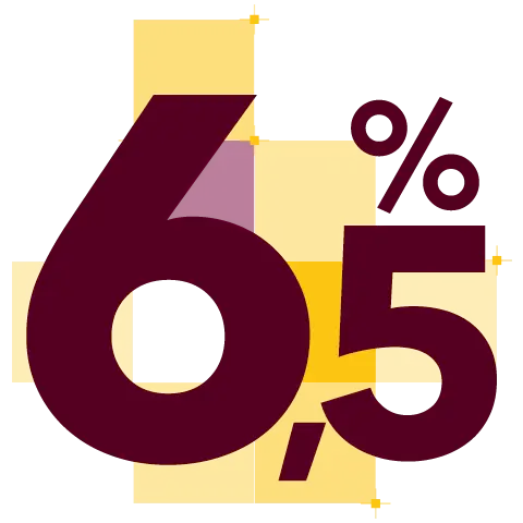 Grafika przedstawia duży napis z procentem 6,5 oraz dwukolorowe piksele