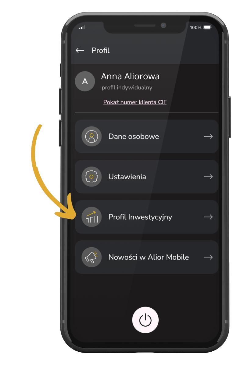 smartfon z ekranem aplikacji Alior Mobile i strzałką skierowaną na Profil Inwestycyjny