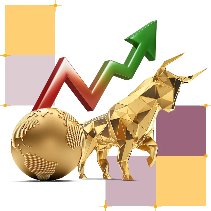 złota kula ziemska po lewej stronie, po prawej postać złotego byka, za nimi czerwono-zielona strzałką idąca w górę