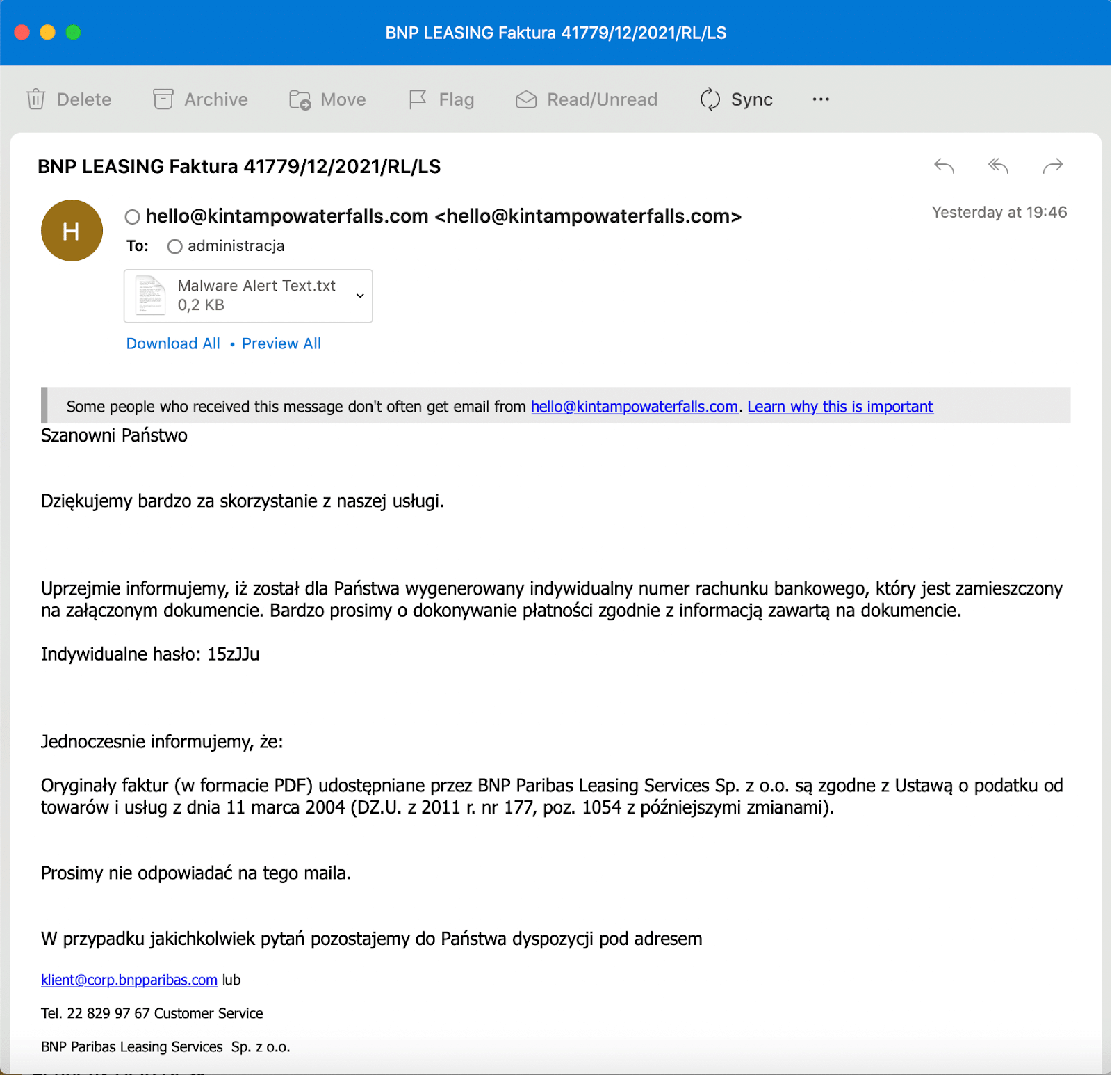Wiadomość e-mail ze złośliwym załącznikiem