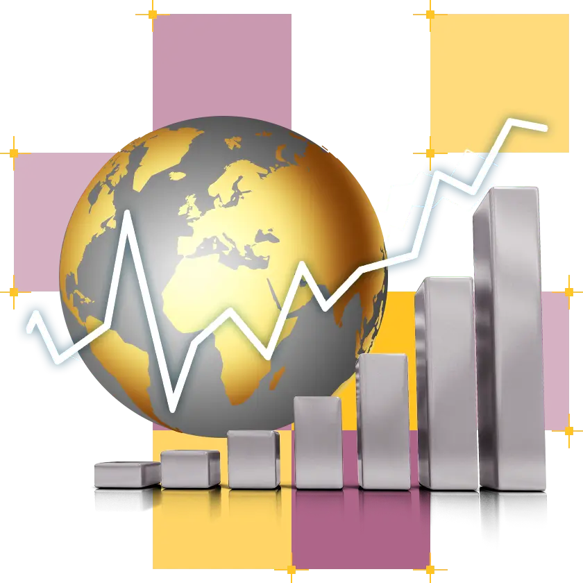 złoto-srebrna kula ziemska, przed nią srebrny wykres słupkowy oraz biały liniowy