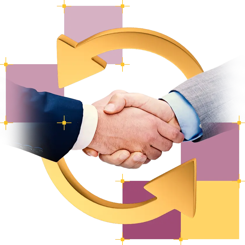 uścisk dwóch męskich dłoni, mężczyźni w garniturach, dłonie okala złota strzałka symbolizująca partnerstwo
