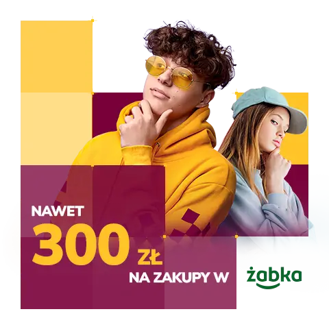 Młody mężczyzna w żółtej bluzie i kobieta w jasnej bluzie na kolorowej grafice z napisem Nawet 300 zł na zakupy w Żabce