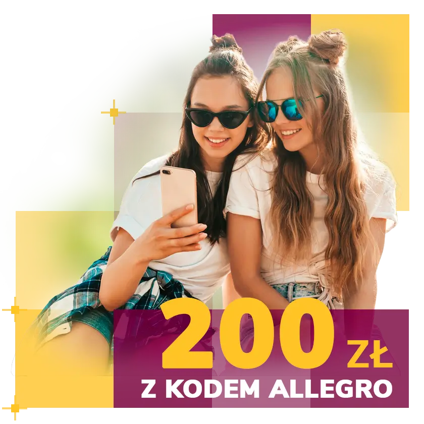 2 dziewczyny patrzące się na telefon oraz napis 200 zł z kodem ALLEGRO