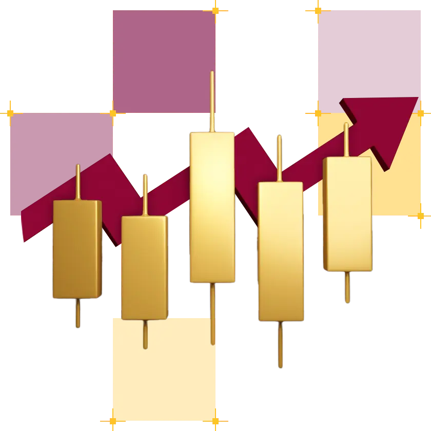 złoty wykres słupkowy, a za nim czerwona strzałka idąca w górę