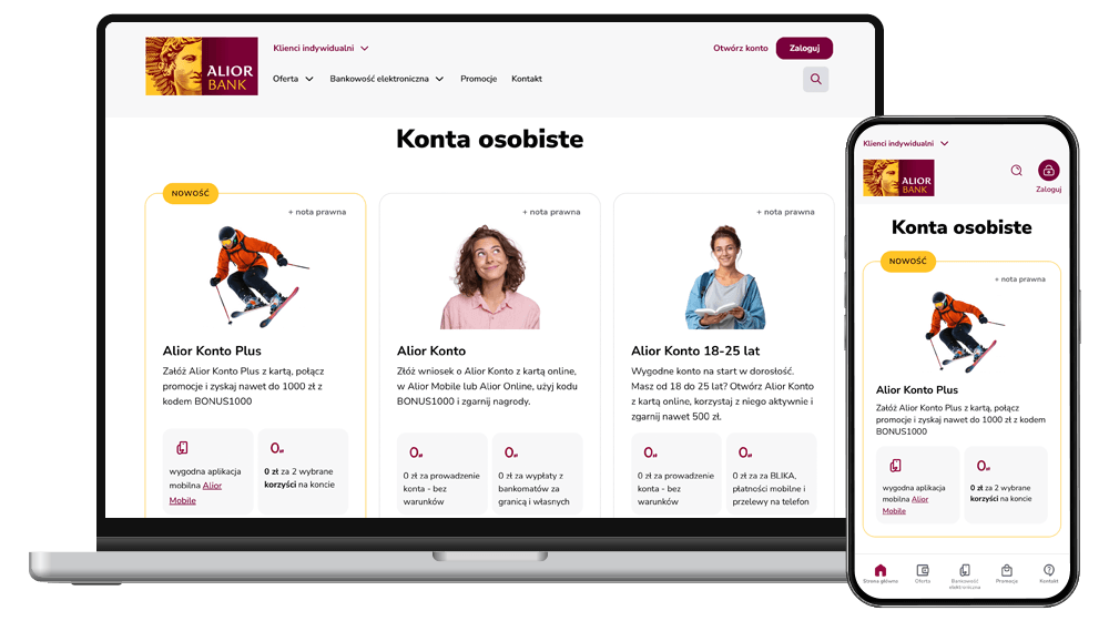 Zrzut ekranu ze strony WWW Alior Banku z kontami